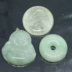 Burmese icy Type A Jadeite Jade Pendant Lucky Happy Buddha & Mini Circle.