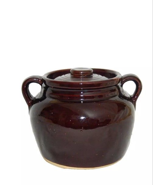 Gourmet Brown Glaze USA Ceramic Round Bean Pot with Lid & Handles Vintage T1768