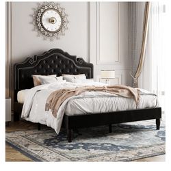 Queen Velvet Bed Frame, Black
with Adjustable Headboard, Wooden Slats, No Box Spring Needed