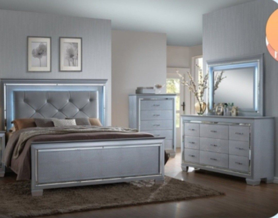 King Bed,dresser, Chester Draw  (Black)(silver)(grey)Queen Bed)
