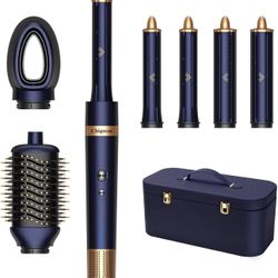 Chignon Hair Dryer Brush, 6 in 1 Hot Air Brush with Auto Air-Wrap Curlers, High-Speed Negative Ionic Hair Dryer and Hair Curling Wand Set (Blue, Ceram