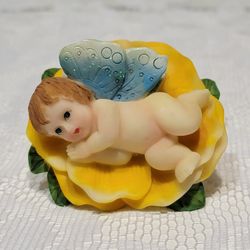 Vintage Collectible Angel Cherubic Glittered Blue Wings Figurine Yellow Flower