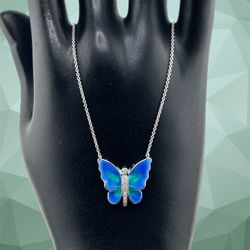 Blue Enamel Butterfly Diamond Pendant In 14k White Gold