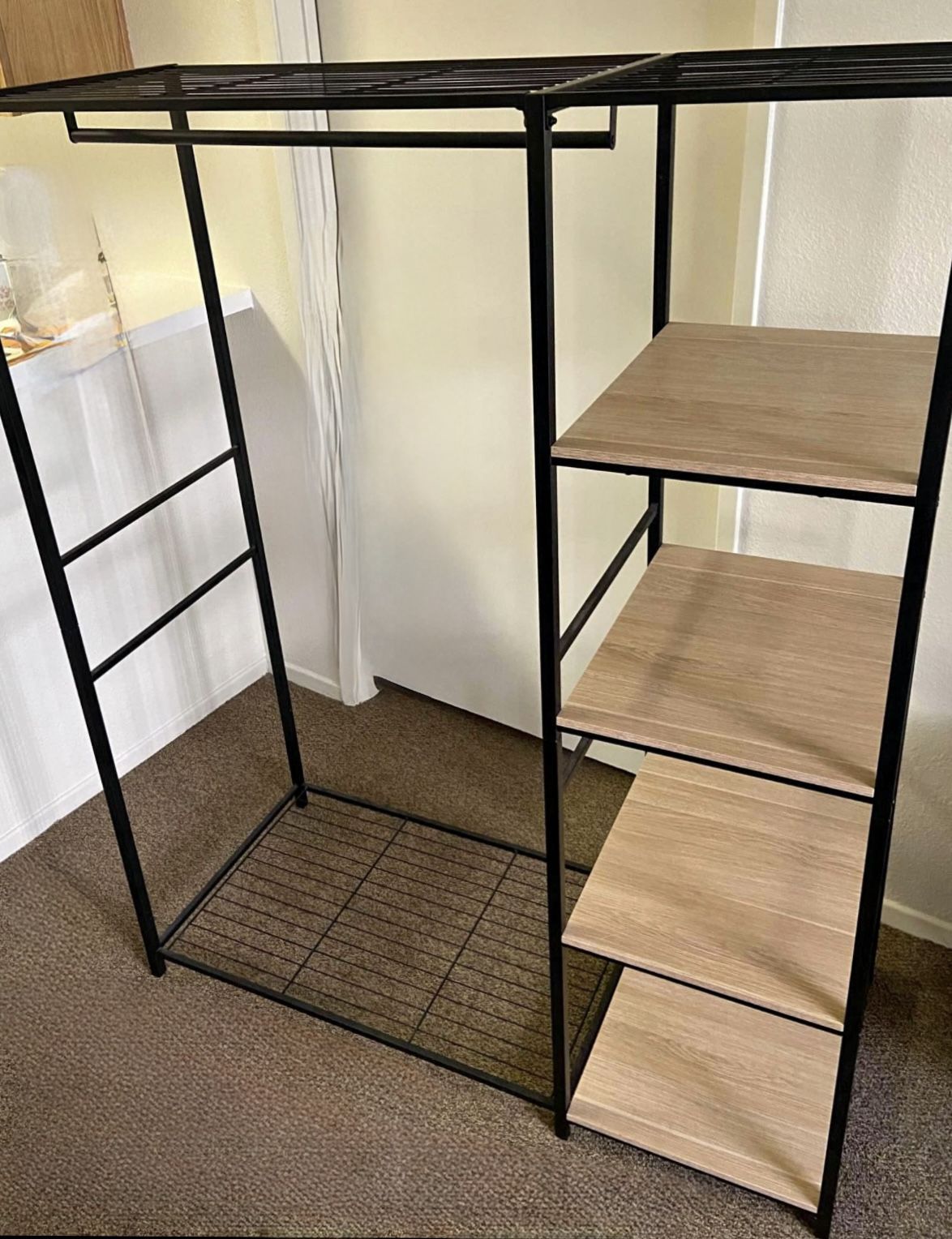 Freestanding Wardrobe Black Metal with Natural Wood