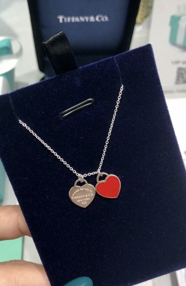Tiffany & Co. Mini Double Red Heart Enamel Pendant Necklace Return to Silver 925