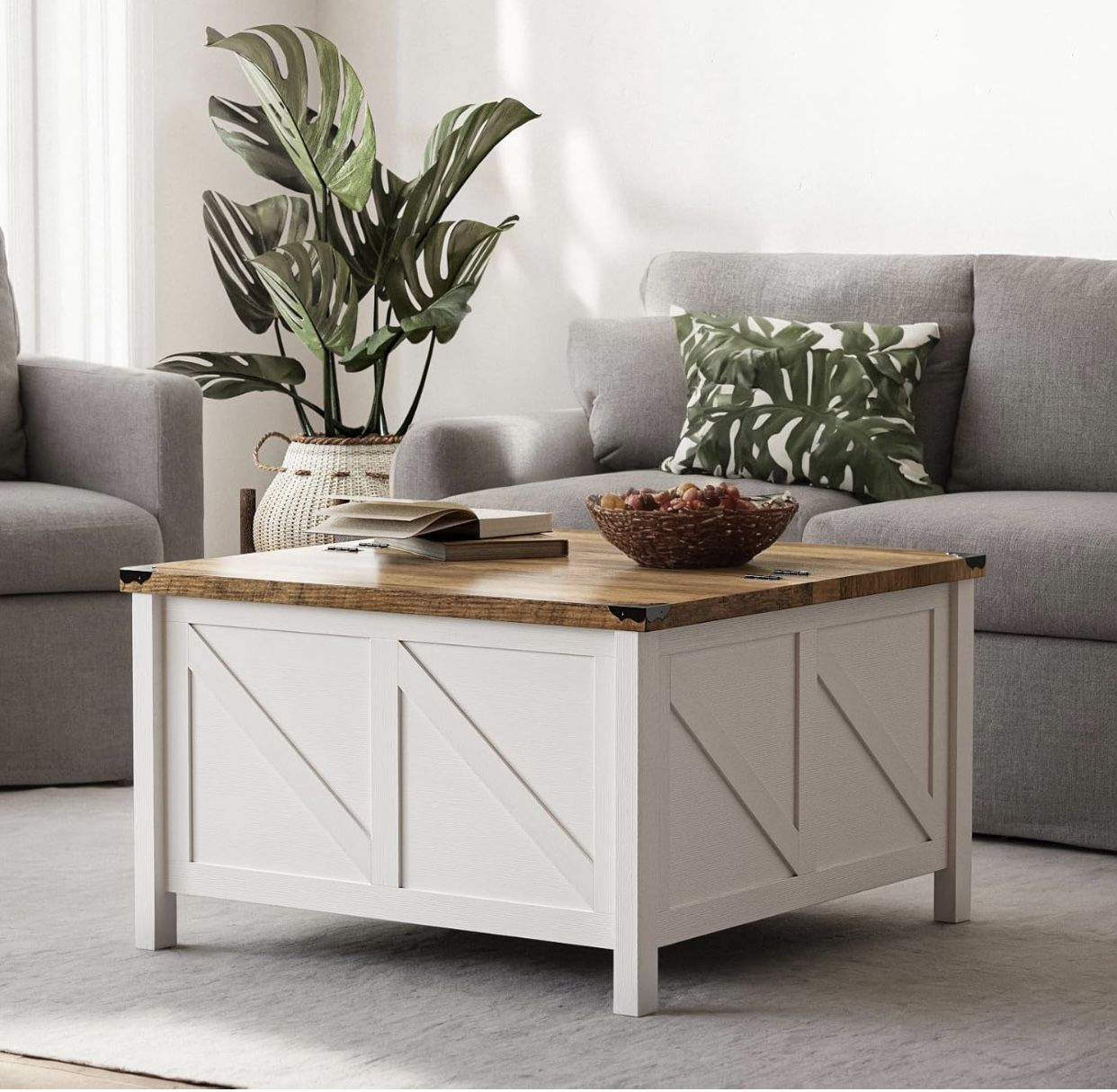 Farmhouse Coffee Table, Square Wood Center Table with Large Hidden Storage Compartment