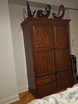 Chocolate brown - red oak armoire - closet - shelves