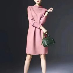 Elegant Crew Neck Long Sleeves Knitted Sweater Midi Solid Pink Women's Dress