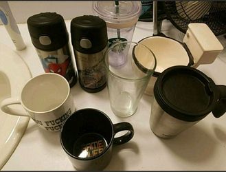 assorted glasses, mugs, and thermos $5 each