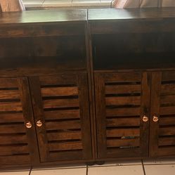Set of 2 wood finish farmhouse style cabinets with shelves