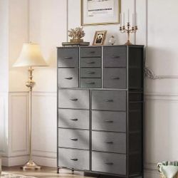 37.5X12X53in 16-Drawer Dresser for Bedroom, Anti-Tip Tall Storage Organizer Chest of Drawers with Wooden Top and Metal Frame Fabric Bins for Closet, L