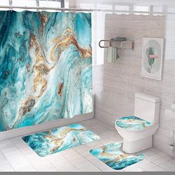 Jefuzh 4 Piece Green Marble Funny Bathroom Decor Turquoise Bath Curtain Bathroom Accessories Sets