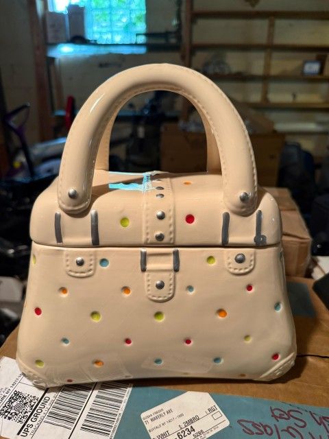 Vintage Temptations Polka Dot Cream Purse Cookie Jar Ceramic QVC Tara