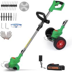 21V Cordless Weed Wacker,Electric Lawn Edger with 1 Battery and Charger,Lightweight Grass Trimmer with 4 Types Cutting Blade,String Trimmer with Wheel