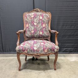 Vintage Carved Wood Armchair with Botanical Upholstery