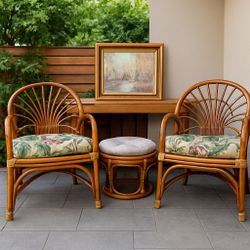 Vintage Rattan Armchairs + Matching Accent Table (3-Piece Set)