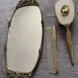 Gold Plated Original Vintage Matson Mirror Comb And Brush