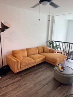 Brushed Corduroy 4-Seater L-Shaped Orange Corduroy Sofa Sectional Modular With Chaise Lounge