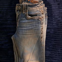 Rock Revival Men’s Light Wash Blue Denim Jeans Straight Fit Embroidered 5-Pocket