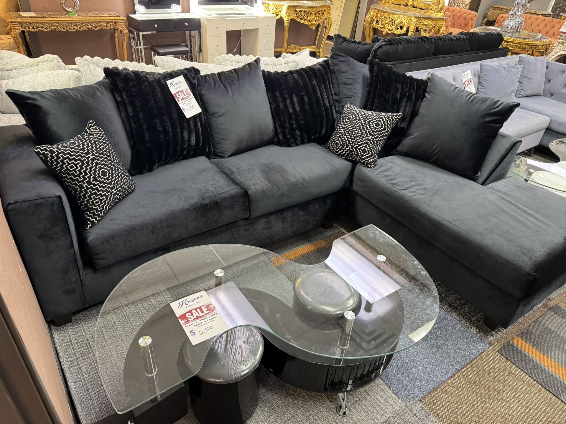 BLACK SUPER SOFT VELVET SECTIONAL COUCH SET