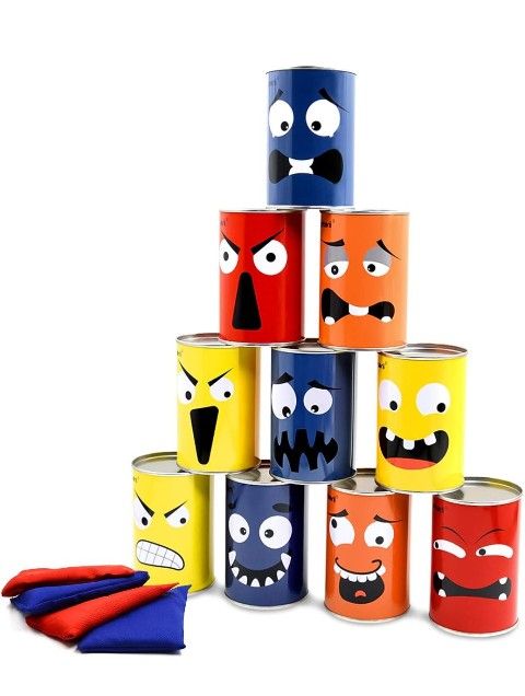 Bean Bag Toss Game for Kids & Family, Carnival Party Game with 10 Funny Face Cans & 4 Bean Bags