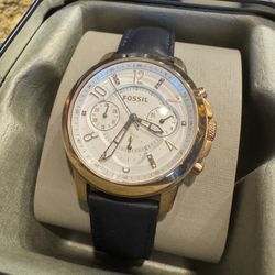 Fossil Grant Chronograph Yellow Gold DIAMOND Brown Leather Watch Wristwatch