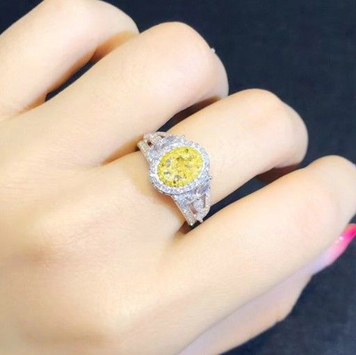 "Noble Hollow Beautiful Oval Crystal Royal Yellow CZ Silver Ring for Women, L073