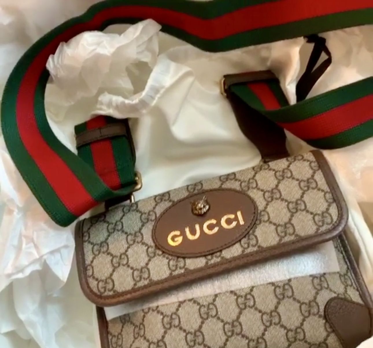 GUCCI GG Supreme Monogram Web Small Neo Vintage Double Flap Messenger Bag Beige New Acero