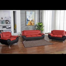 Leather Black Red Sofa Set 3pc - Delivery And Financing Available 