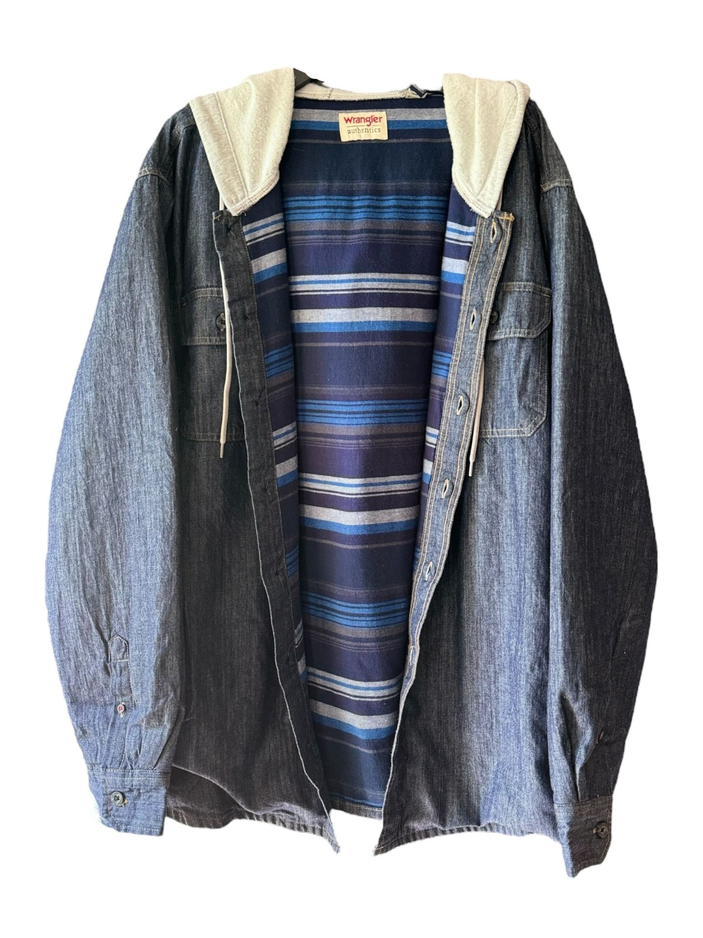 WRANGLER Authentics Denim Blue Stripe Lined Hooded Jacket Flannel Mens Size XL