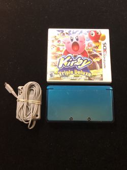 Nintendo Aqua Blue 3DS + Kirby Triple Deluxe Game + Charger + SD Card