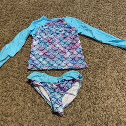 Girls Swimsuit Rash Guard Set Two Piece Bathing Suit with Sun Protection 9-10 Years Old 3D Mermaid Scales Swimwear 