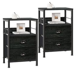 Black Nightstands Set 2, with 2 Fabric Drawers, Bedside Tables 