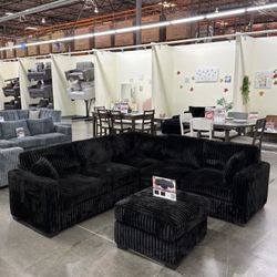BRAND NEW BLACK FLUFFY SECTIONAL SOFA COUCH WITH OTTOMAN (NEW IN BOXES)