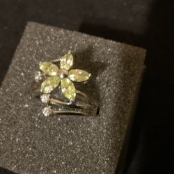 SilverTone Solid Flower Ring With Lime Green And Clear Genuine Crystals…Size 6
