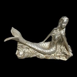 Large  14" Long Silver Painted Resin Mermaid Statue Fantasy Nautical Art Figurine