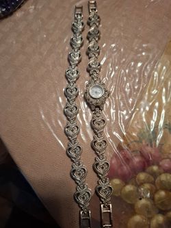 Silver heart shape watch and bracelet