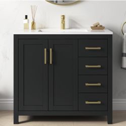 36 Inch Bathroom Vanity with Sink, Black Single Sink Bathroom Vanity with Integral Top, Modern Bathroom Sink Cabinet with Soft-Closing Doors & Drawers