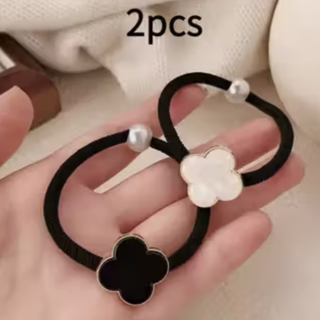 Two Piece Stone & Pearl Clover Flower Black & White Bracelet Hair Tie Set