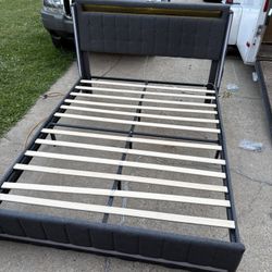 Queen Bed Frame With LED and Charger Headboard 