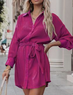 MARZXIN Women’s Pleated Button Down Shirt Dress Long Sleeve Collared V Neck Casual Swing Work Short Mini Dresses with Belt