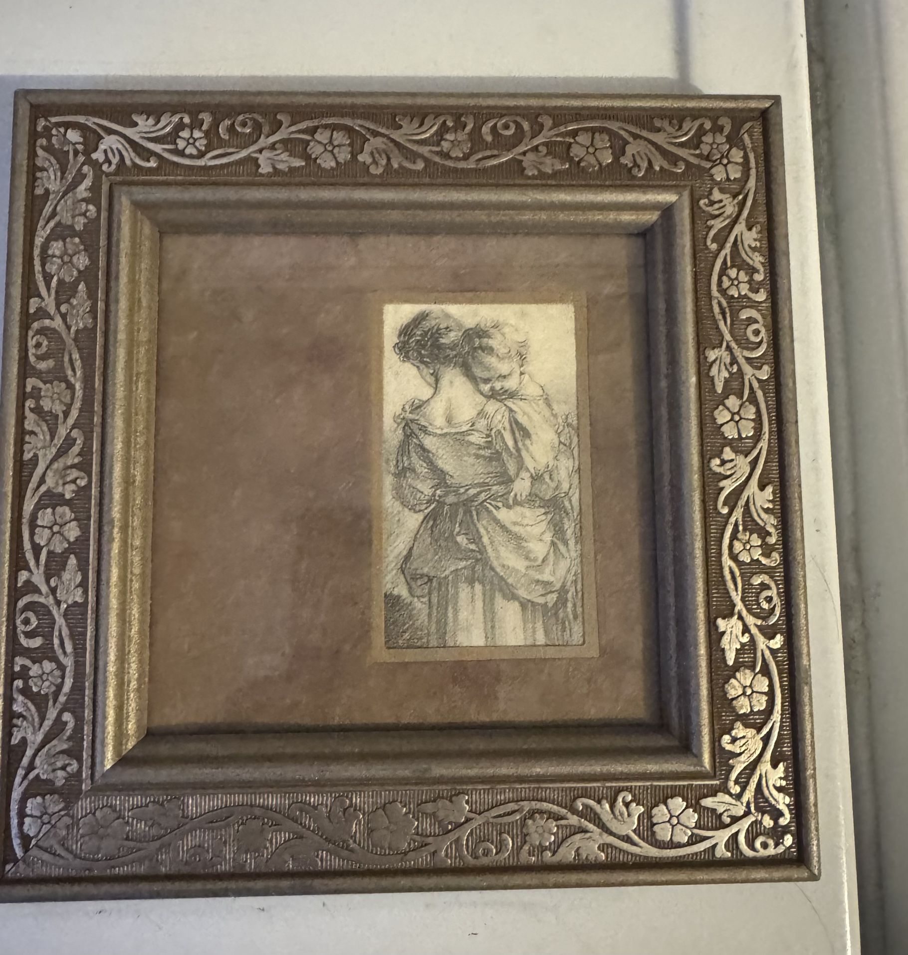 Framed Reproduction of Antique Print Mother & Child 8x8"