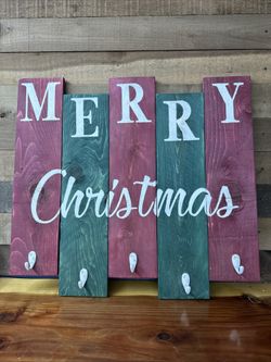 Handmade Wooden Merry Christmas Sign With Stocking Holder Hooks