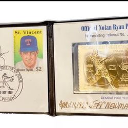 Nolan Ryan All Time Strike Out King Autographed Commemorate Stamp/23 Karat Card