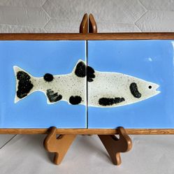 Vintage Wood Framed Two-Tile Fish Themed Trivet 
