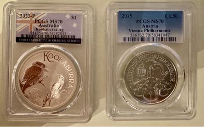 1oz silver coins graded a perfect PCGS MS70 ! Kookaburra and Philharmonics