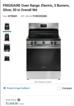 FRIGIDAIRE Oven Range: Electric, 5 Burners, Silver, 30 in Overall Wd Item 879DN3 Mfr. Model FCRE3052BS