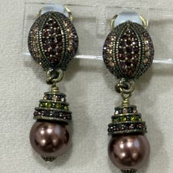 Heidi Daus Purple Crystal Pearl Bronze Clip Earrings Chandelier 2 Inch. 