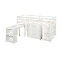 Twin Size Low Side Loft Bed With Portable Desk