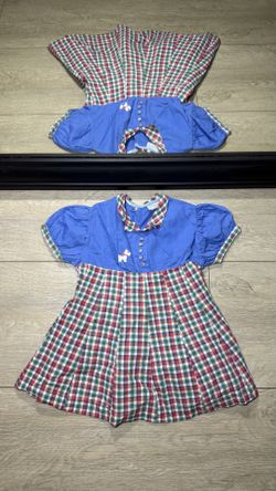 New Vintage 1970s Kids / Toddlers Dionne Embroidered Dog Plaid Button Up Onesie Dress